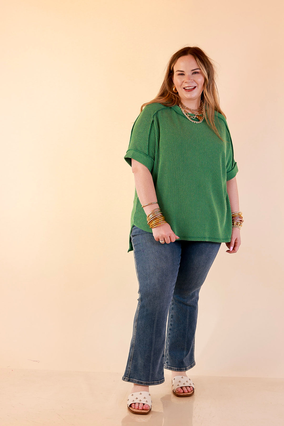 Daily Perfection Scoop Neck Short Sleeve Ribbed Top in Green