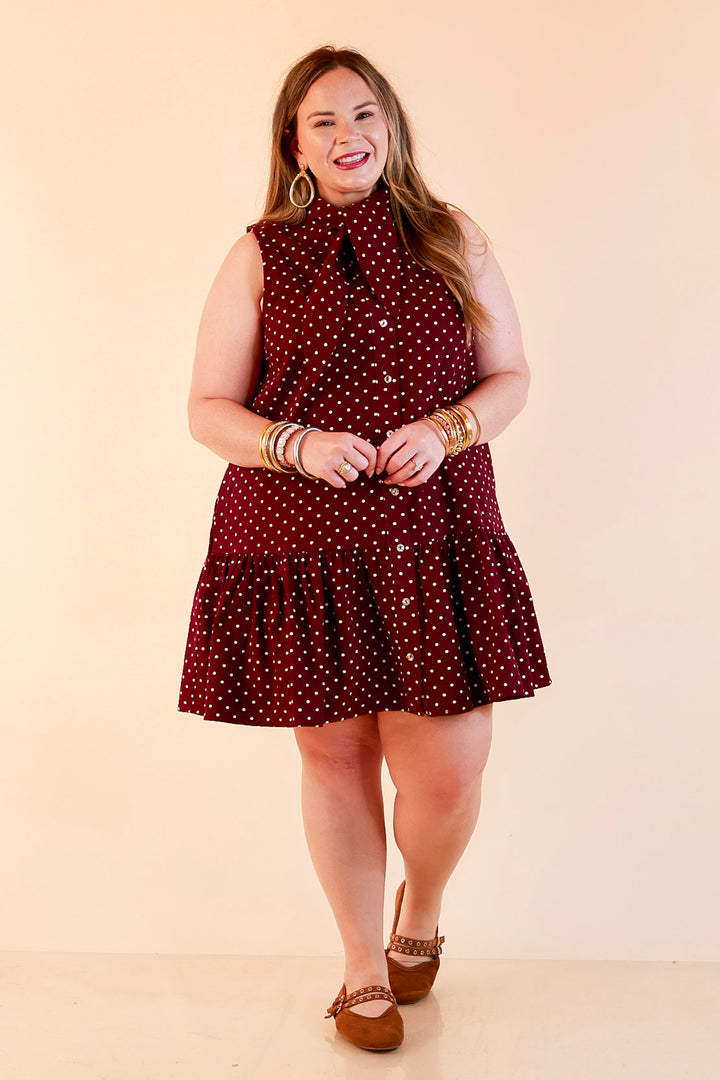 Sweet Spot Denim Polka Dot Bow Neck Tie Button Front Drop Waist Dress in Maroon
