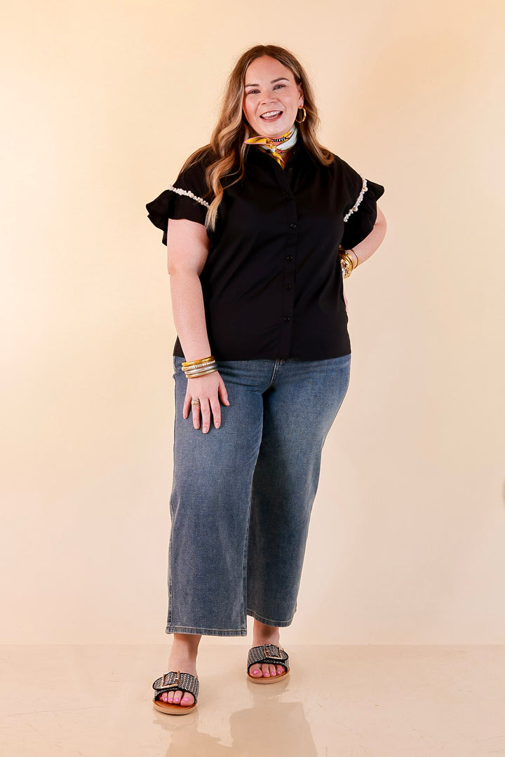Pearl Perfection Pearl Trim Ruffle Sleeve Button Front Top in Black