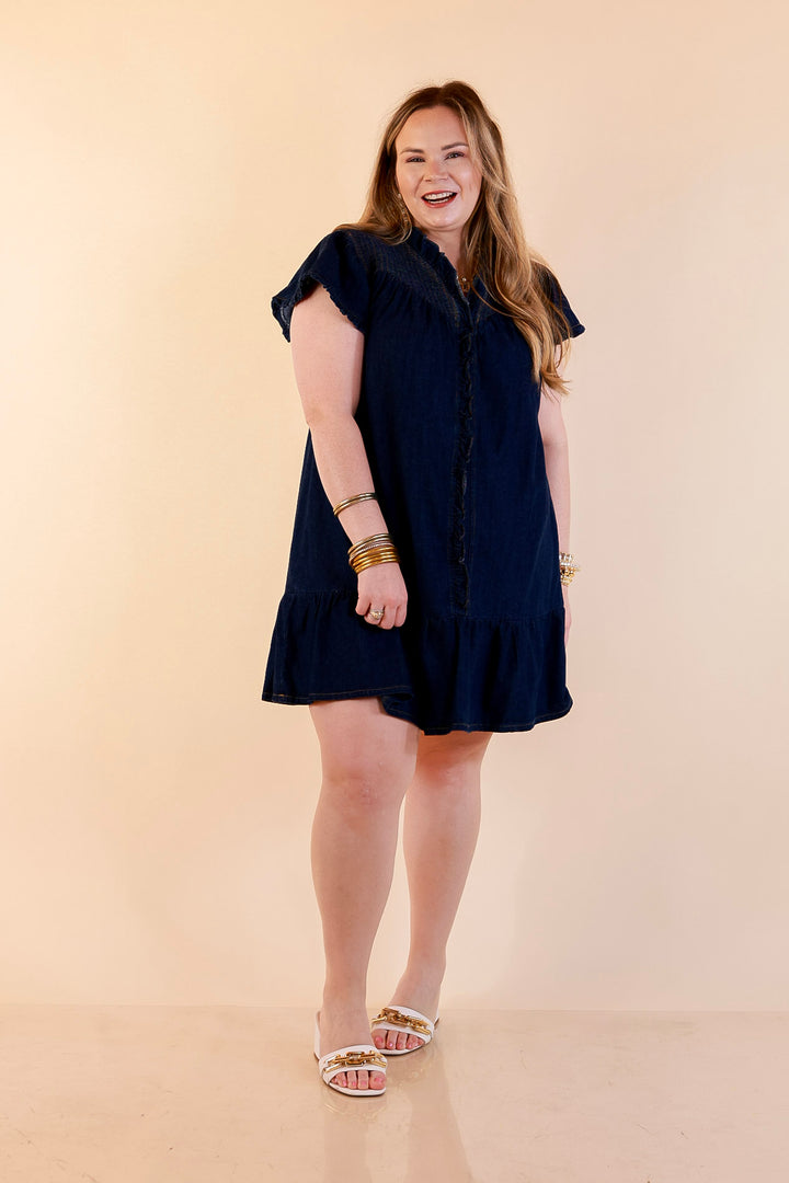 Day to Day Denim Smocked Yoke Dress with Ruffle Front and Flutter Sleeves in Dark Wash