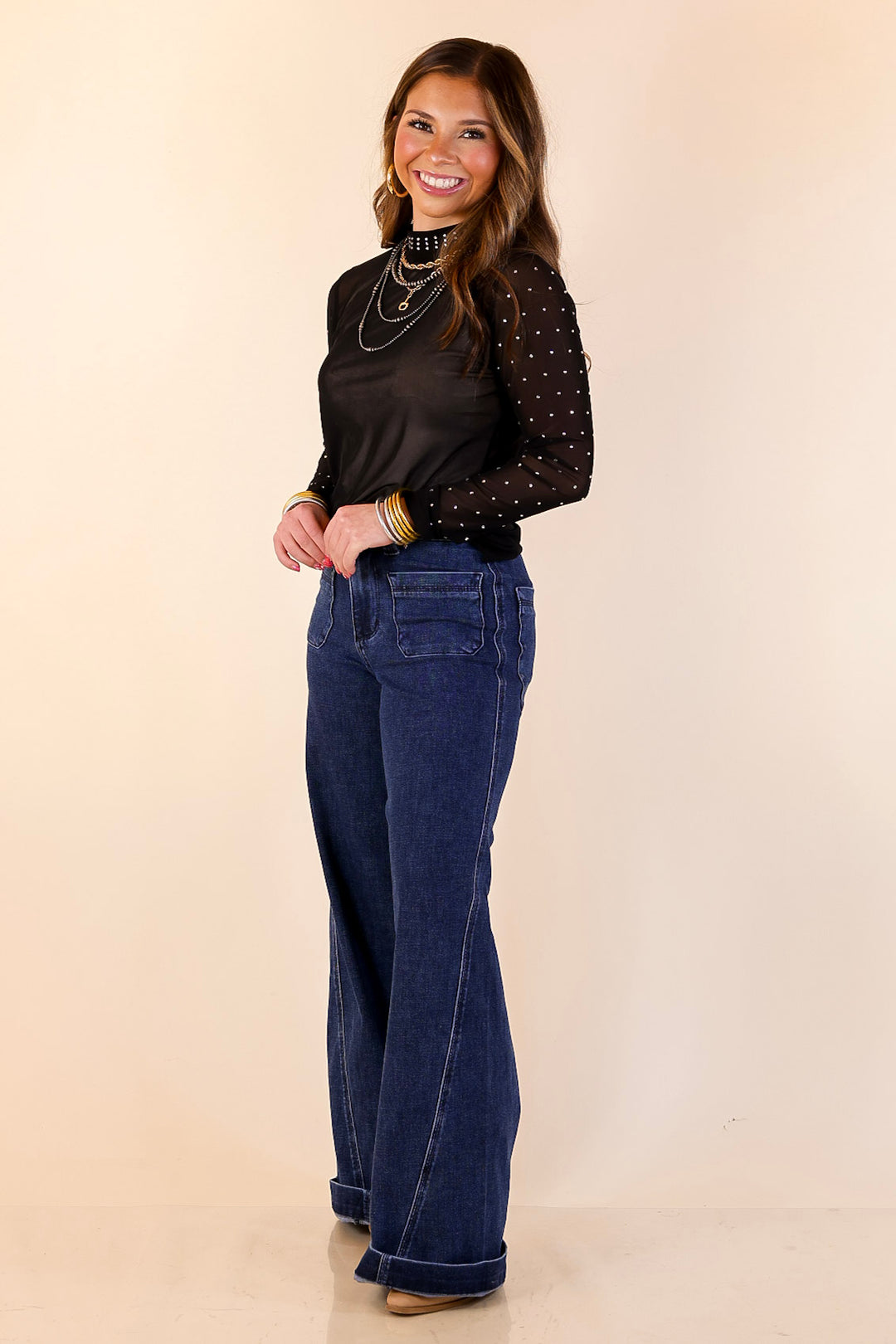 Sheer Confidence Solid Mesh Long Sleeve Top with Rhinestone Detailing in Black