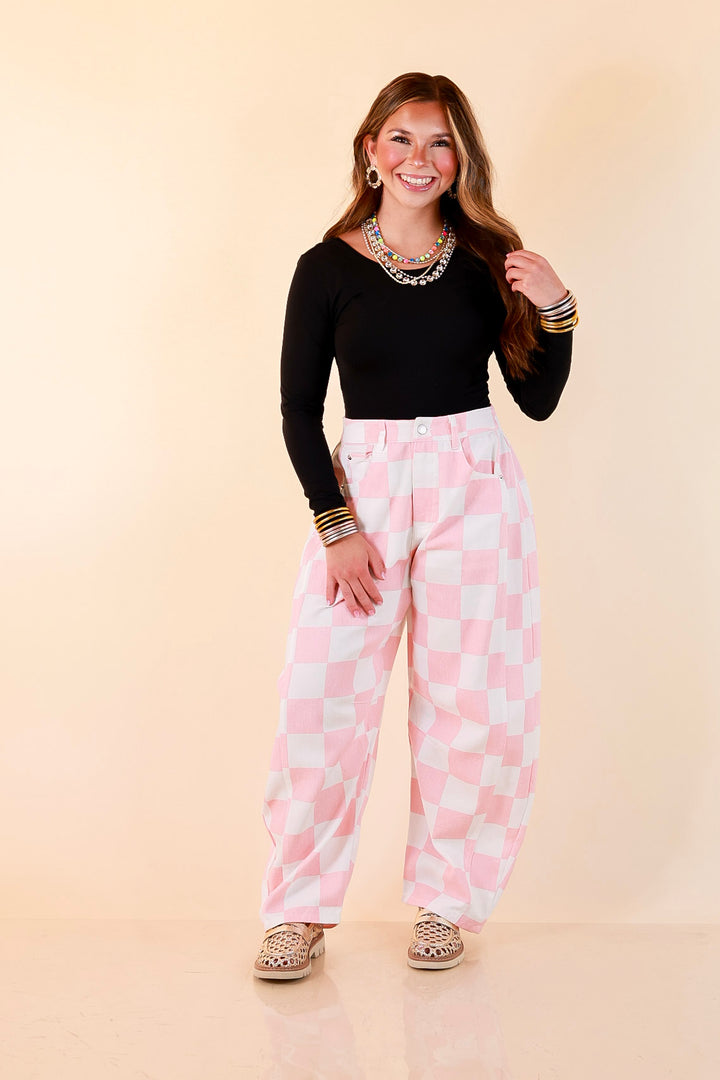 Check Me Out Wide Leg Checkered Print Barrel Denim Jean in Pink