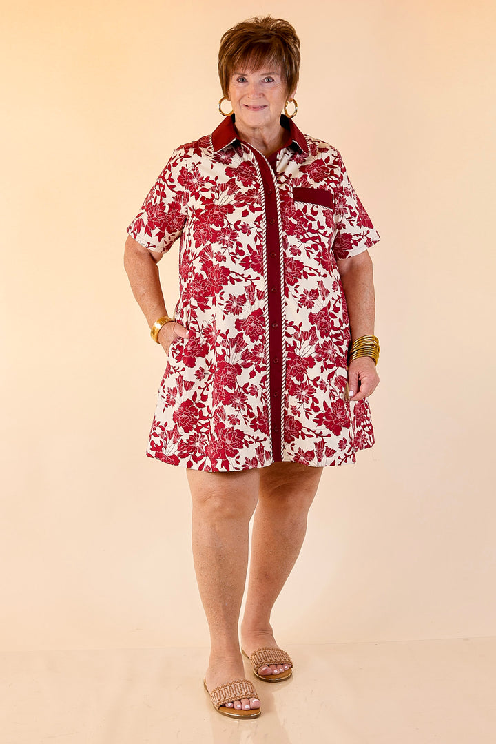 Chic Perspective Collared Button Up Floral Toile Shift Dress in Maroon