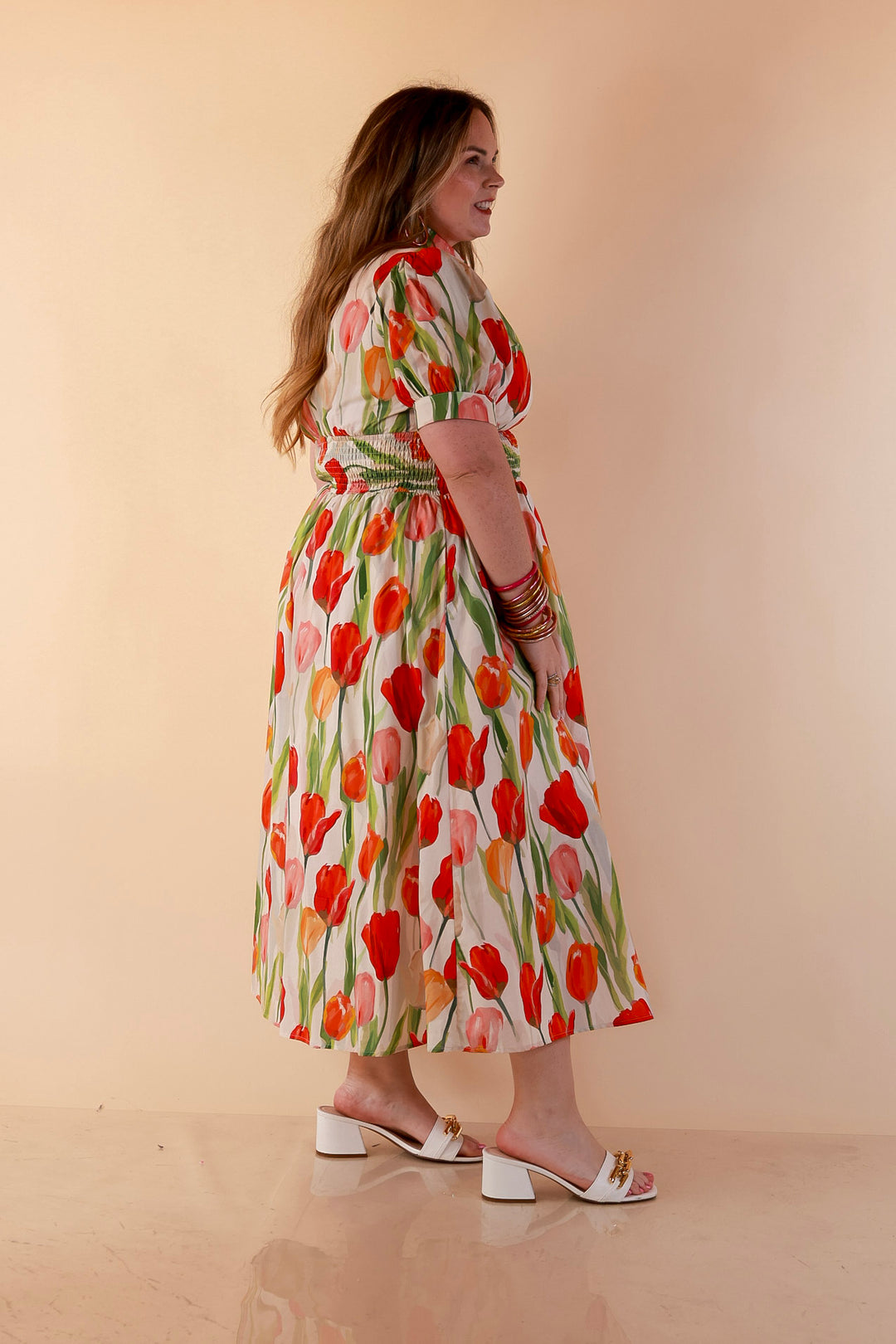 Modern Charm Zip Front Midi Tulip Print Dress with Smocked Waist and Short Sleeves in Cream