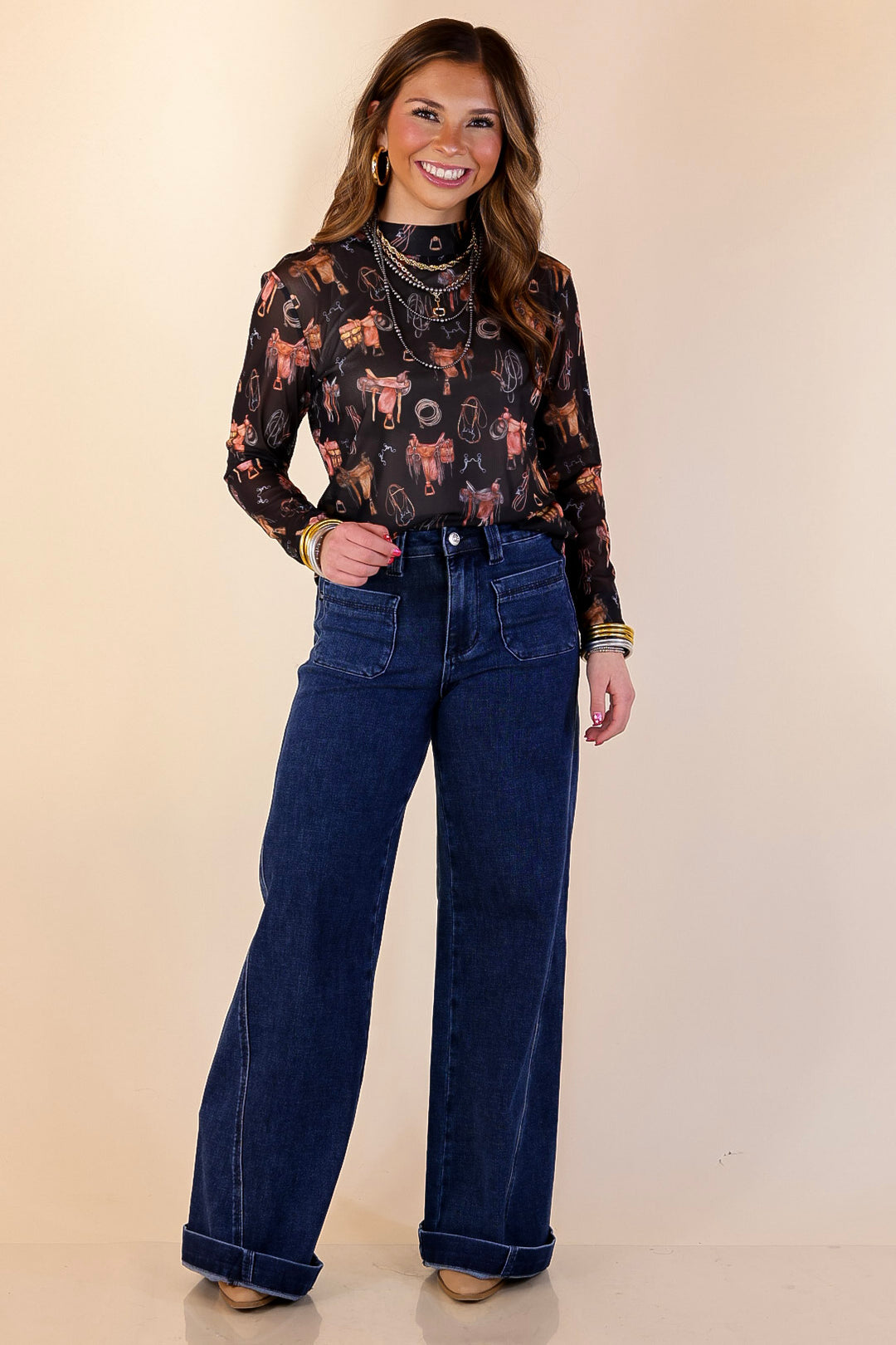 Sheer Confidence Western Saddle and Bits Icons Mesh Long Sleeve Top in Black