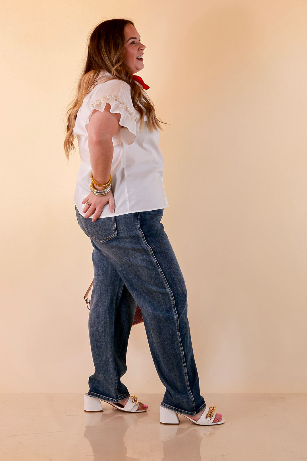 Pearl Perfection Pearl Trim Ruffle Sleeve Button Front Top in White