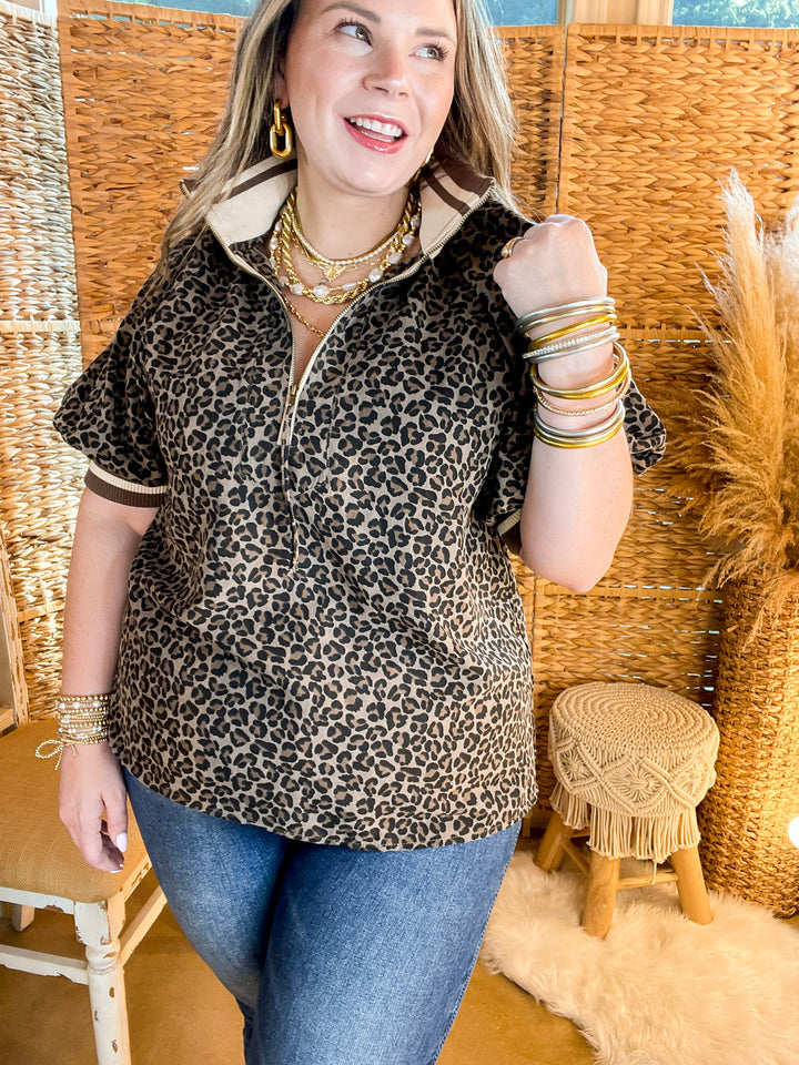Bold Instincts Leopard Print Half Zip Top with Puff Sleeves in Brown and Cream