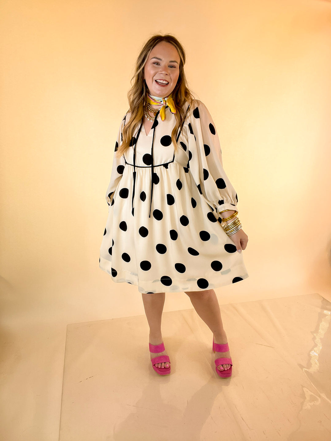 Tea Time Charm Polka Dot Babydoll Dress with Neck Tie and Yoke Detailing in Ivory with Black Dots