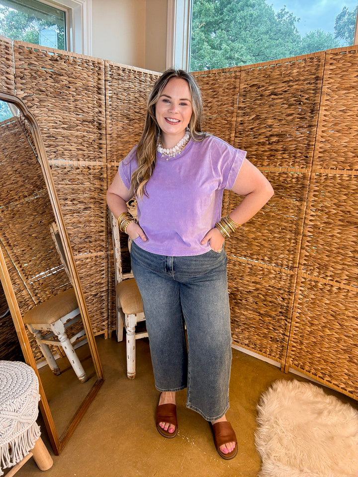 Easy Chic Mineral Washed Short Sleeve Cropped Tee in Lavender Purple