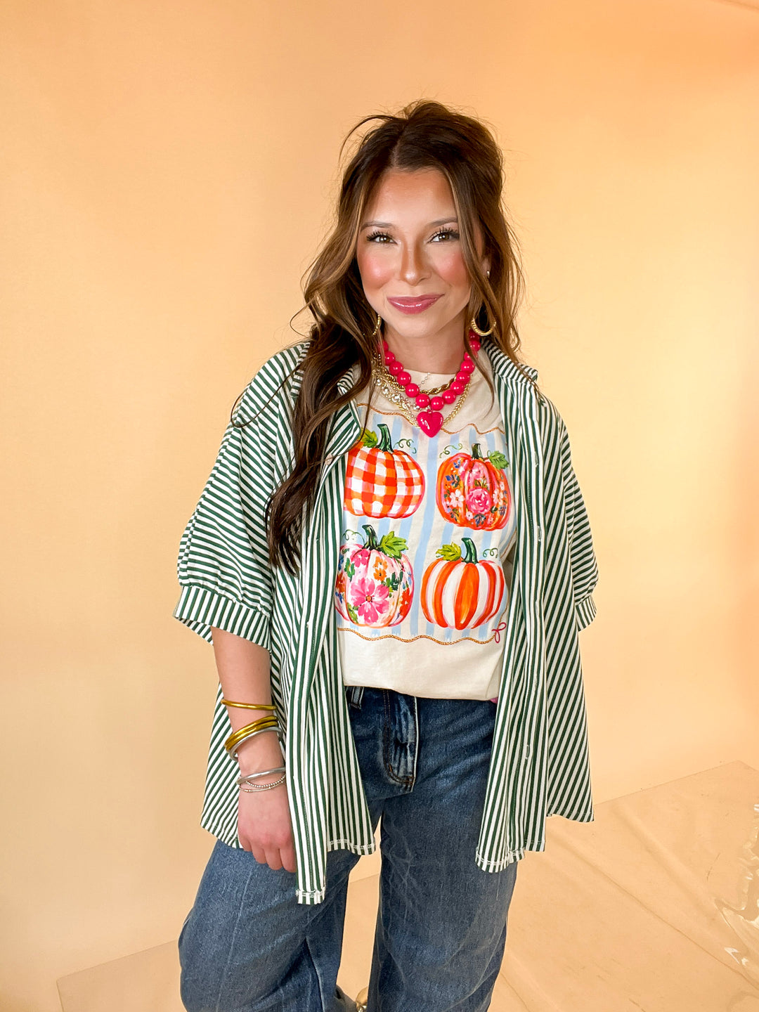 Prettiest in the Patch Stripe and Pumpkin Fall Graphic Tee in Natural