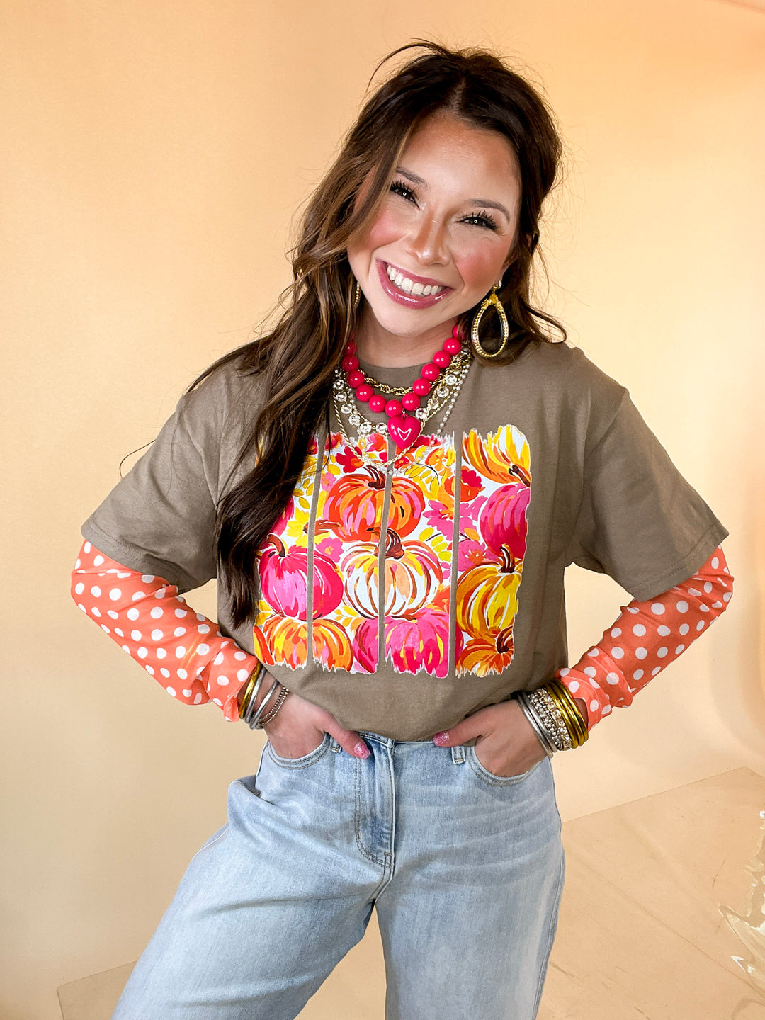 Art of the Season Painted Pumpkin and Floral Watercolor Stripes Fall Graphic Tee in Brown