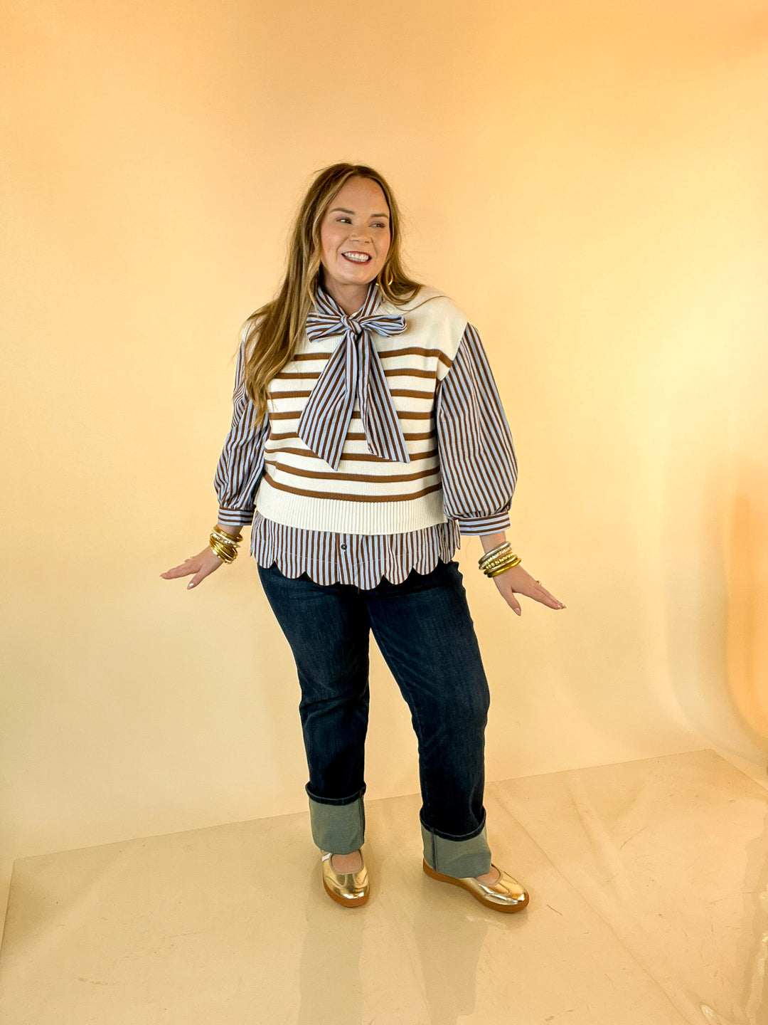 Stripe Things Up Drop Shoulder Knit Sweater in White with Tan Stripes