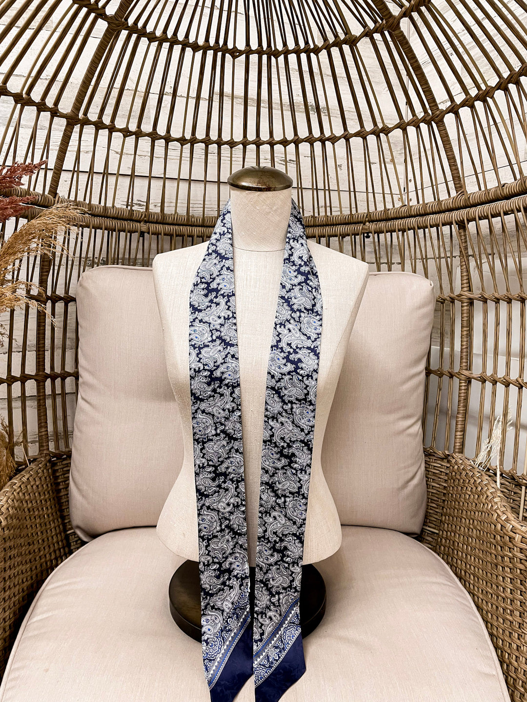 Wyoming Traders | Paisley Print Silk Twilly Scarf in Silver, Cobalt Blue and Navy Blue