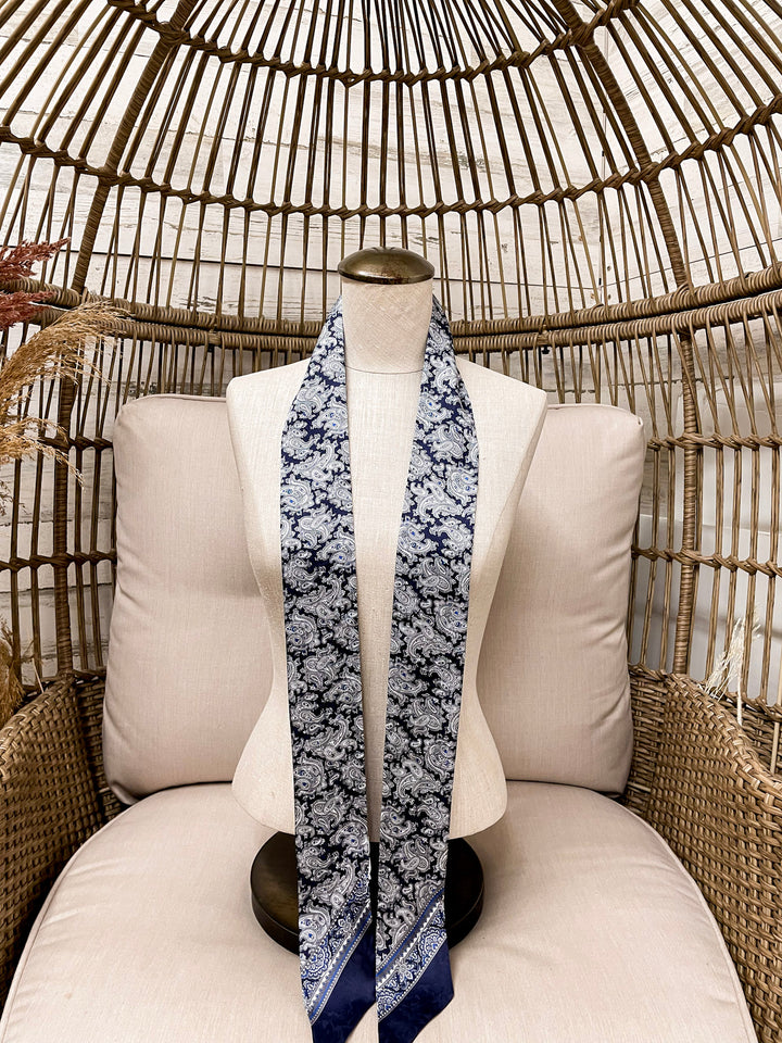 Wyoming Traders | Paisley Print Silk Twilly Scarf in Silver, Cobalt Blue and Navy Blue