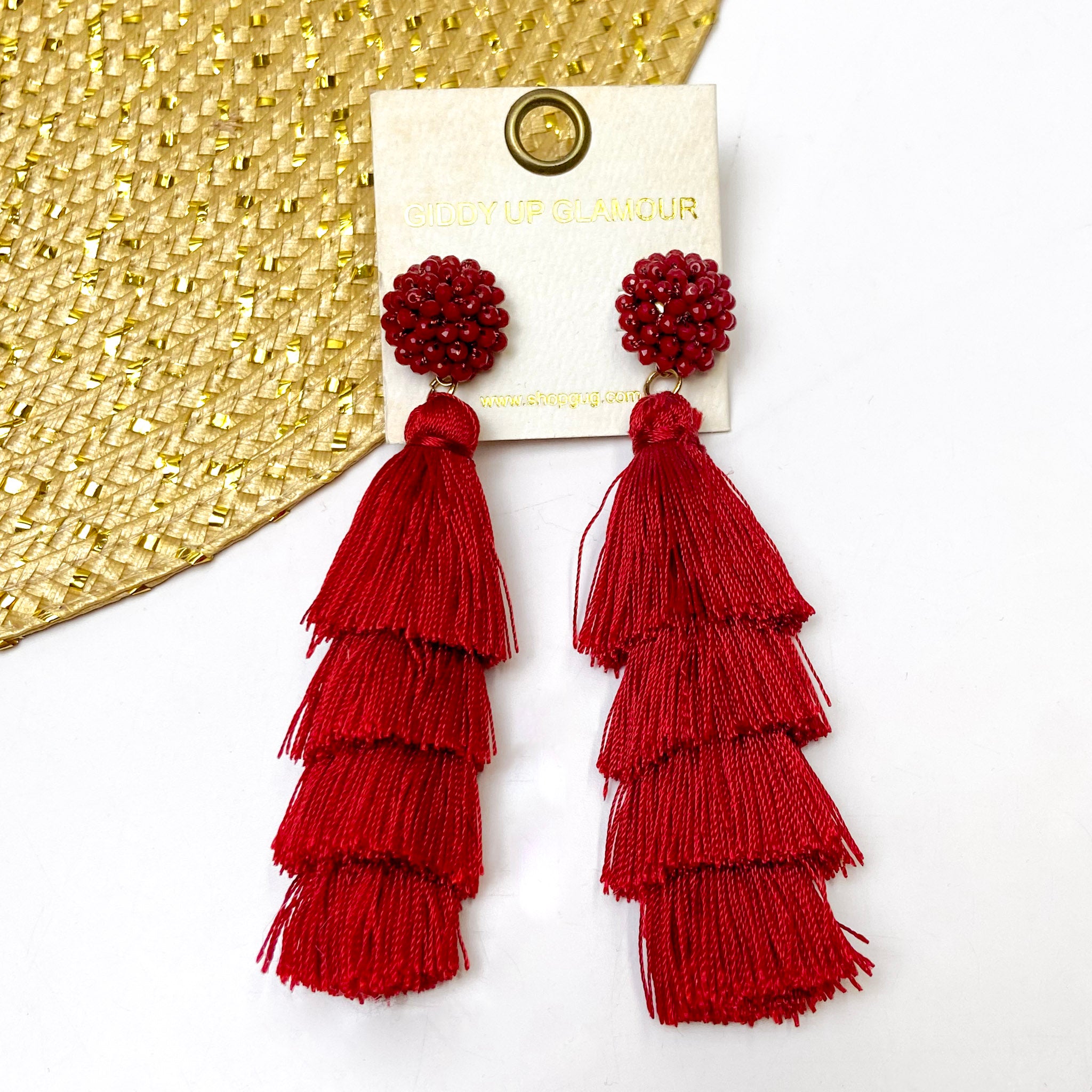 Layered Tassel Earrings with Statement Beaded Stud in Ruby Red