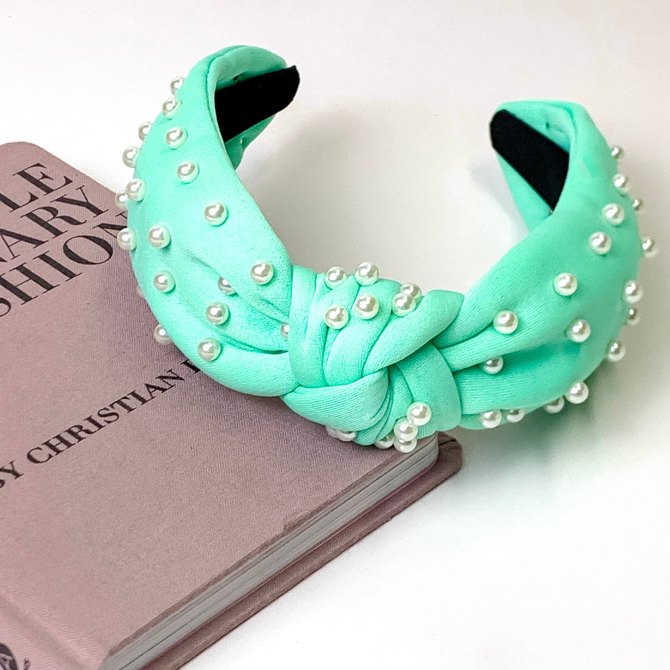 Pearl Detailed Knotted Headband in Mint Green - Giddy Up Glamour Boutique