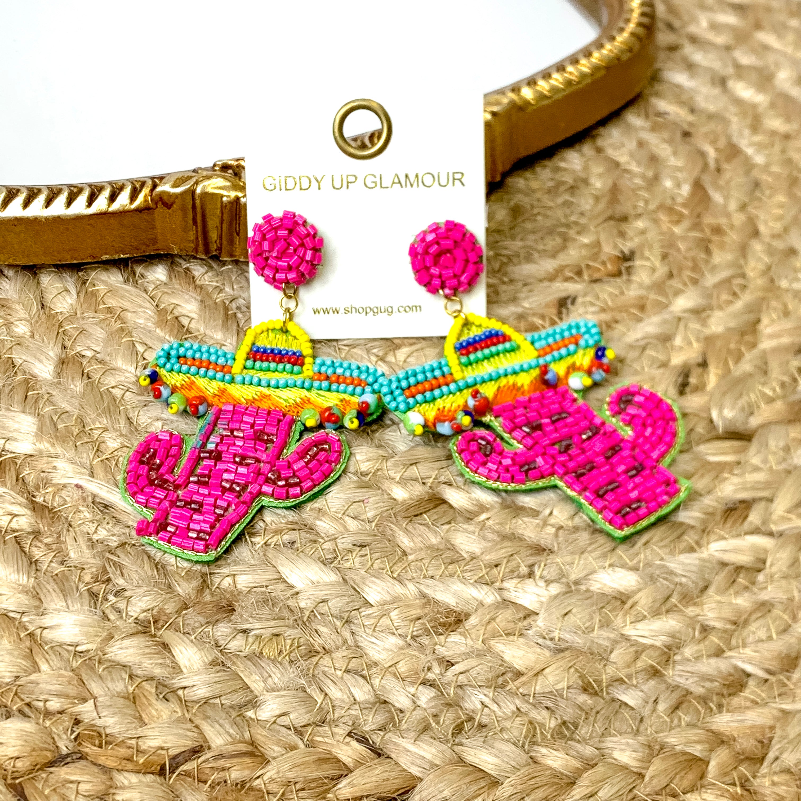 Beaded Cactus Earrings with a Sombrero in Pink - Giddy Up Glamour Boutique