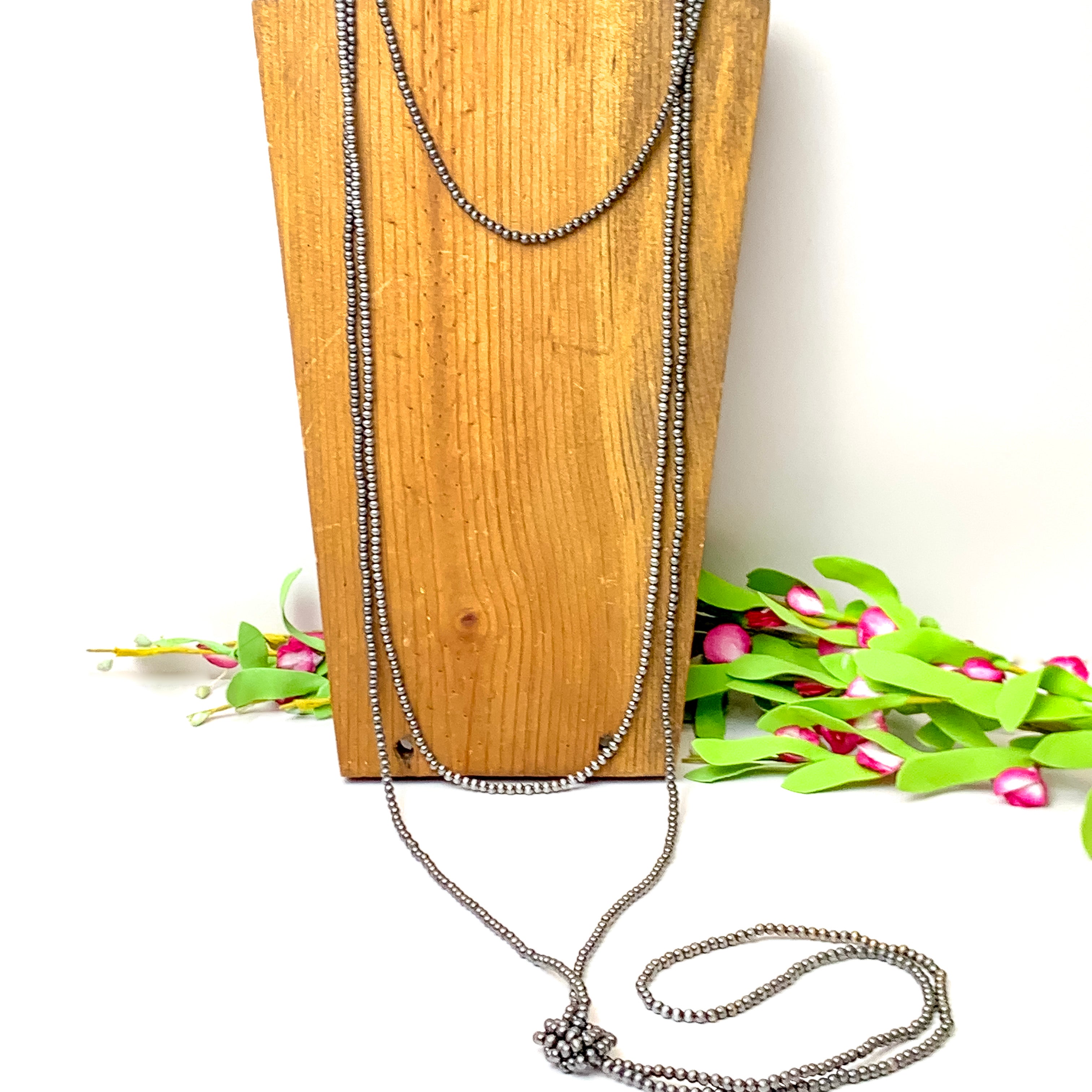 Extra Long Three Row Faux Navajo Pearl Layering Necklace in Silver Tone - Giddy Up Glamour Boutique