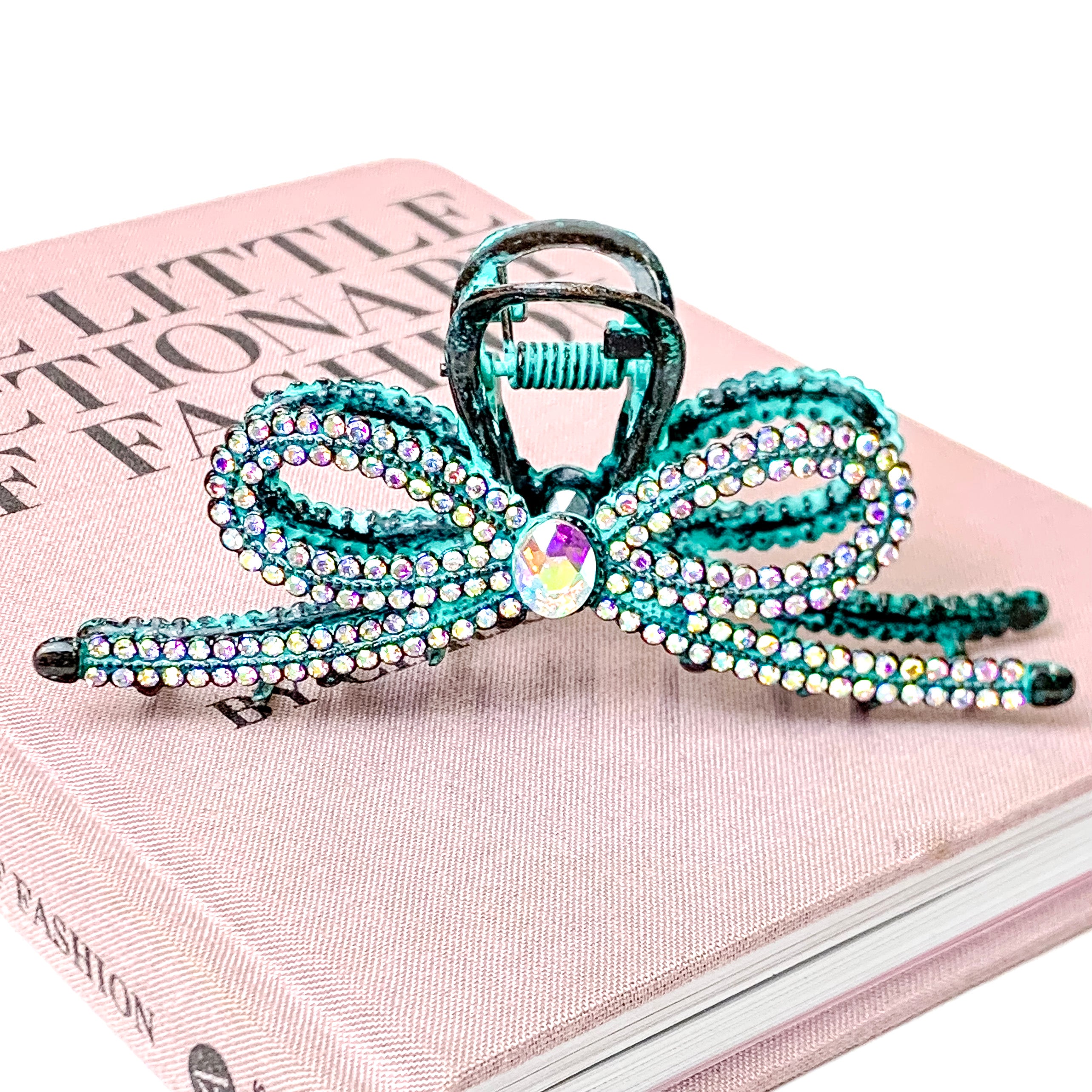 AB Crystal Embellished Ribbon Shaped Metal Hair Clip in Patina - Giddy Up Glamour Boutique
