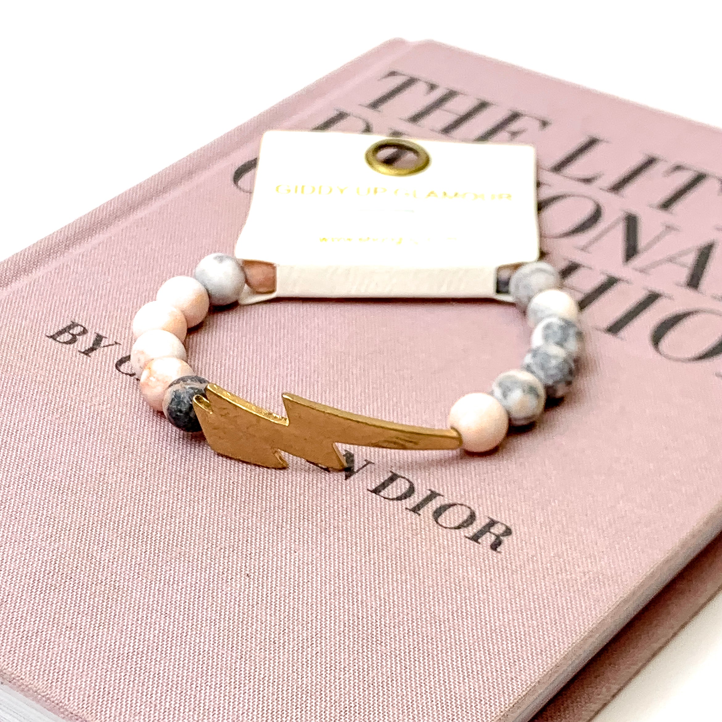 Pink Marble Beaded Bracelet with Gold Lightning Bolt Pendant - Giddy Up Glamour Boutique