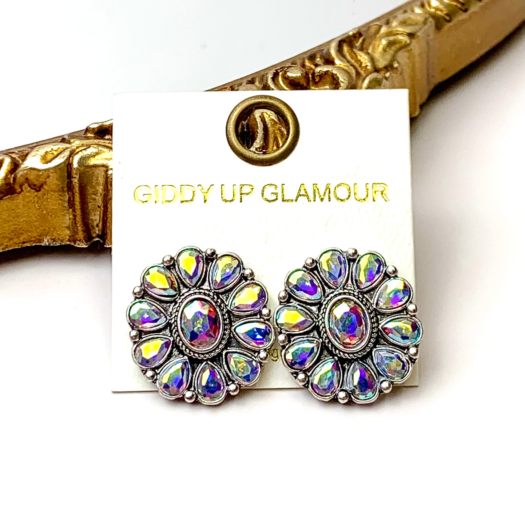 Prismatic Petal AB Stone Flower Concho Stud Earrings in Silver Tone - Giddy Up Glamour Boutique