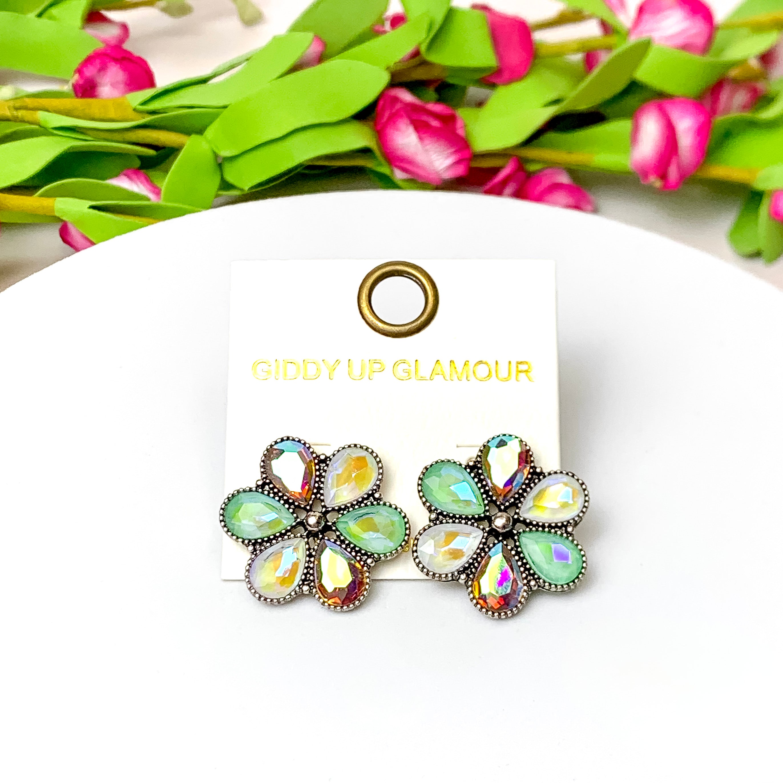 Petal Perfection Silver Tone Flower Stud Earrings in Green and Ivory