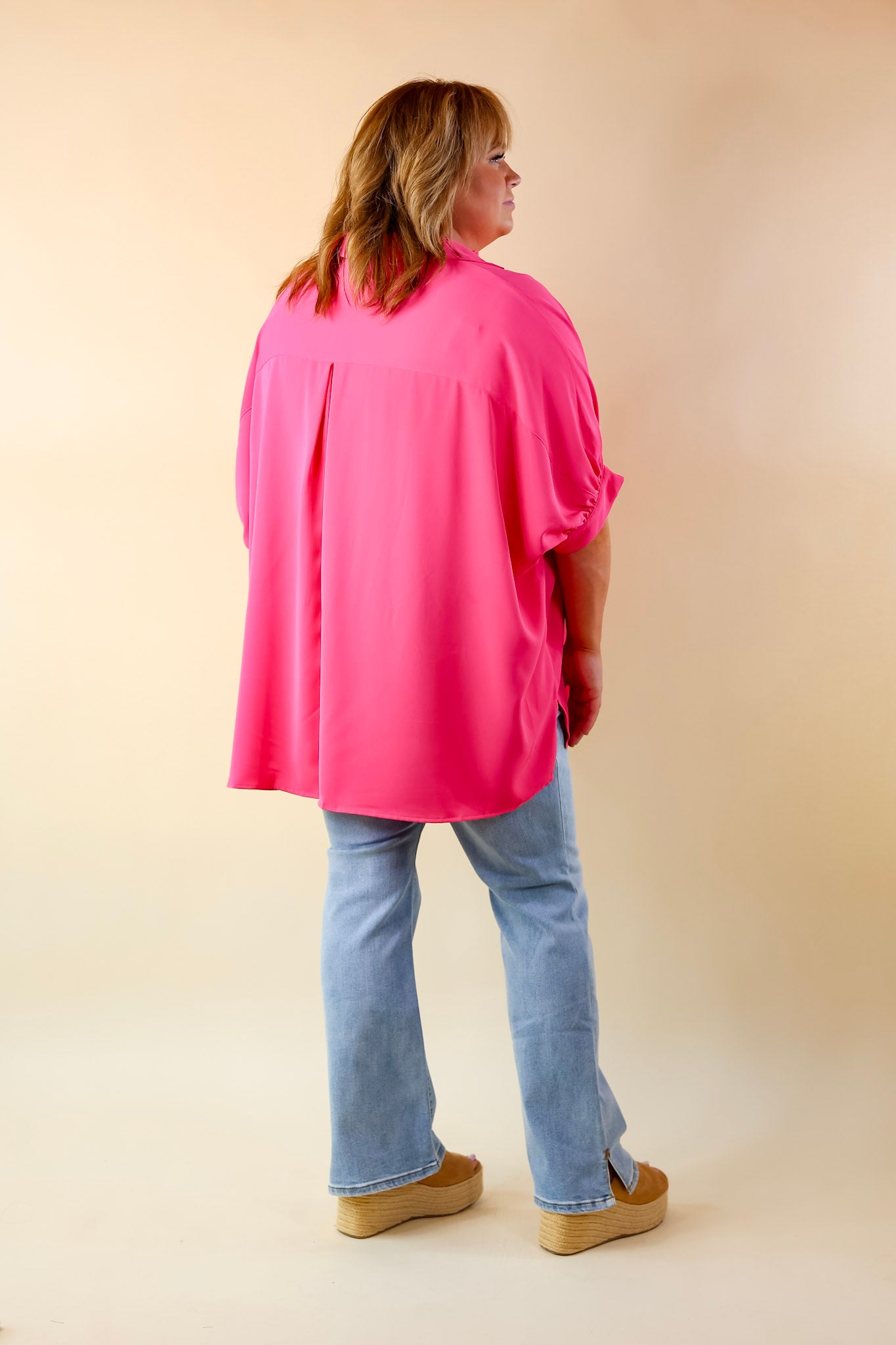 City Lifestyle Button Up Half Sleeve Poncho Top in Hot Pink - Giddy Up Glamour Boutique
