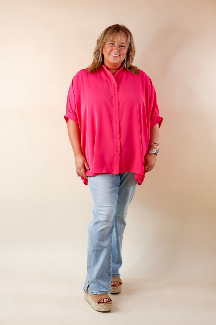 City Lifestyle Button Up Half Sleeve Poncho Top in Hot Pink - Giddy Up Glamour Boutique