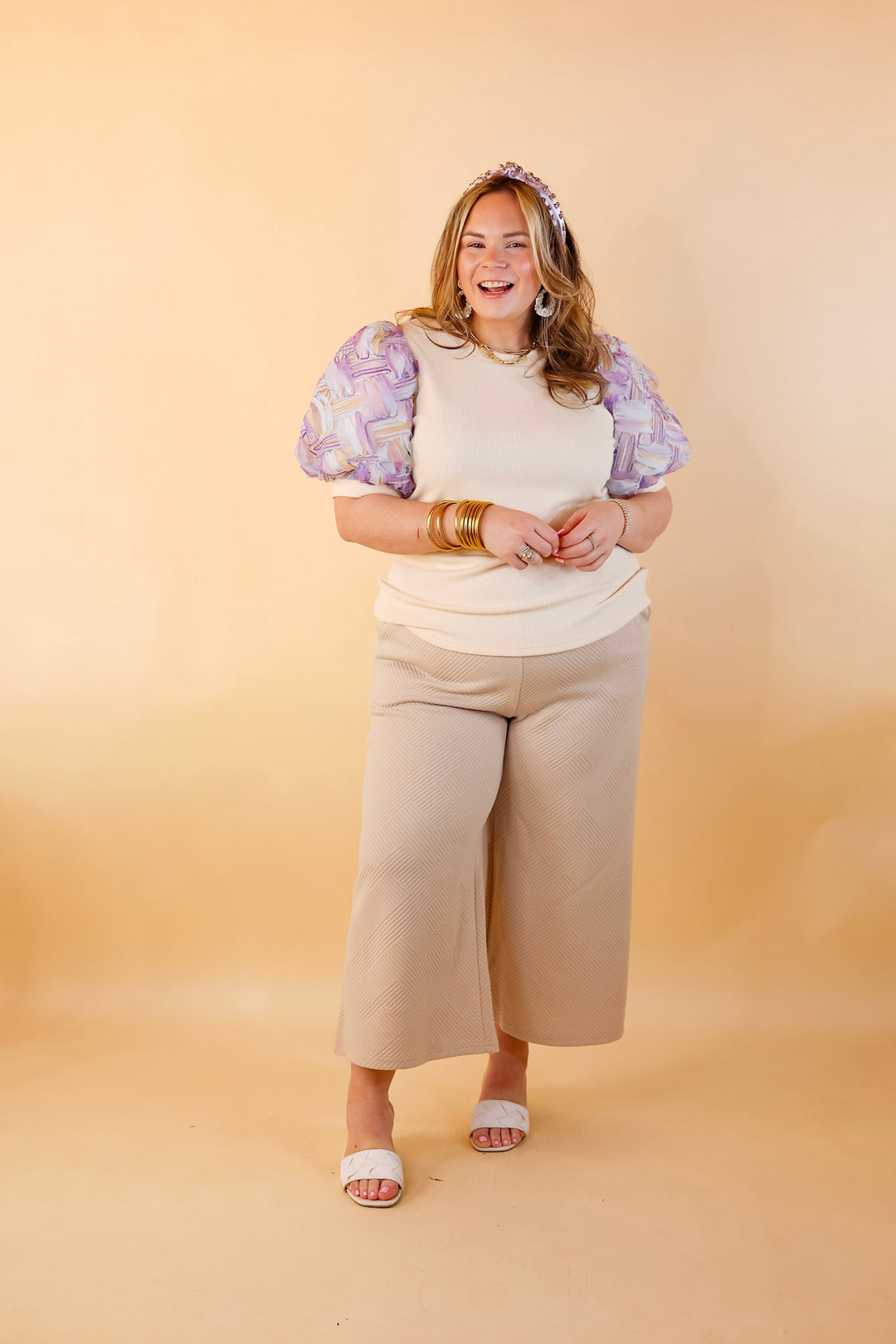 Spring Girls Multi-Color Geometric Stripe Tulle Balloon Sleeve Top in Purple - Giddy Up Glamour Boutique