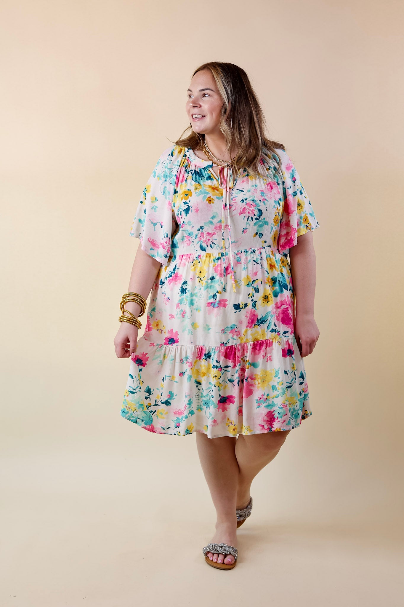 Piece Of Paradise Tiered Floral Dress with Keyhole in Ivory - Giddy Up Glamour Boutique