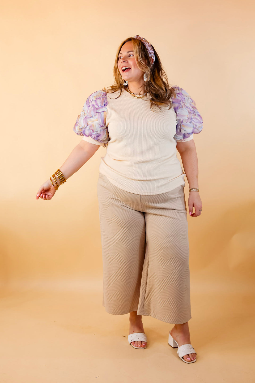 Spring Girls Multi-Color Geometric Stripe Tulle Balloon Sleeve Top in Purple - Giddy Up Glamour Boutique