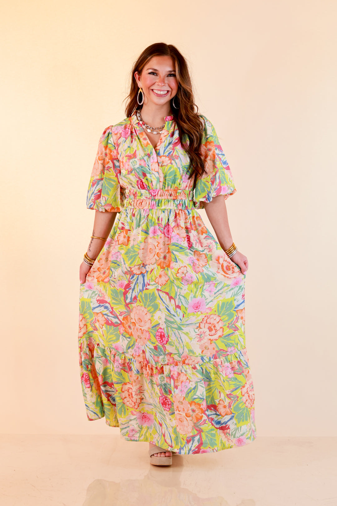 Reserved for Brunch Puff Sleeve Smocked Waist Floral Maxi Dress in Green Multi