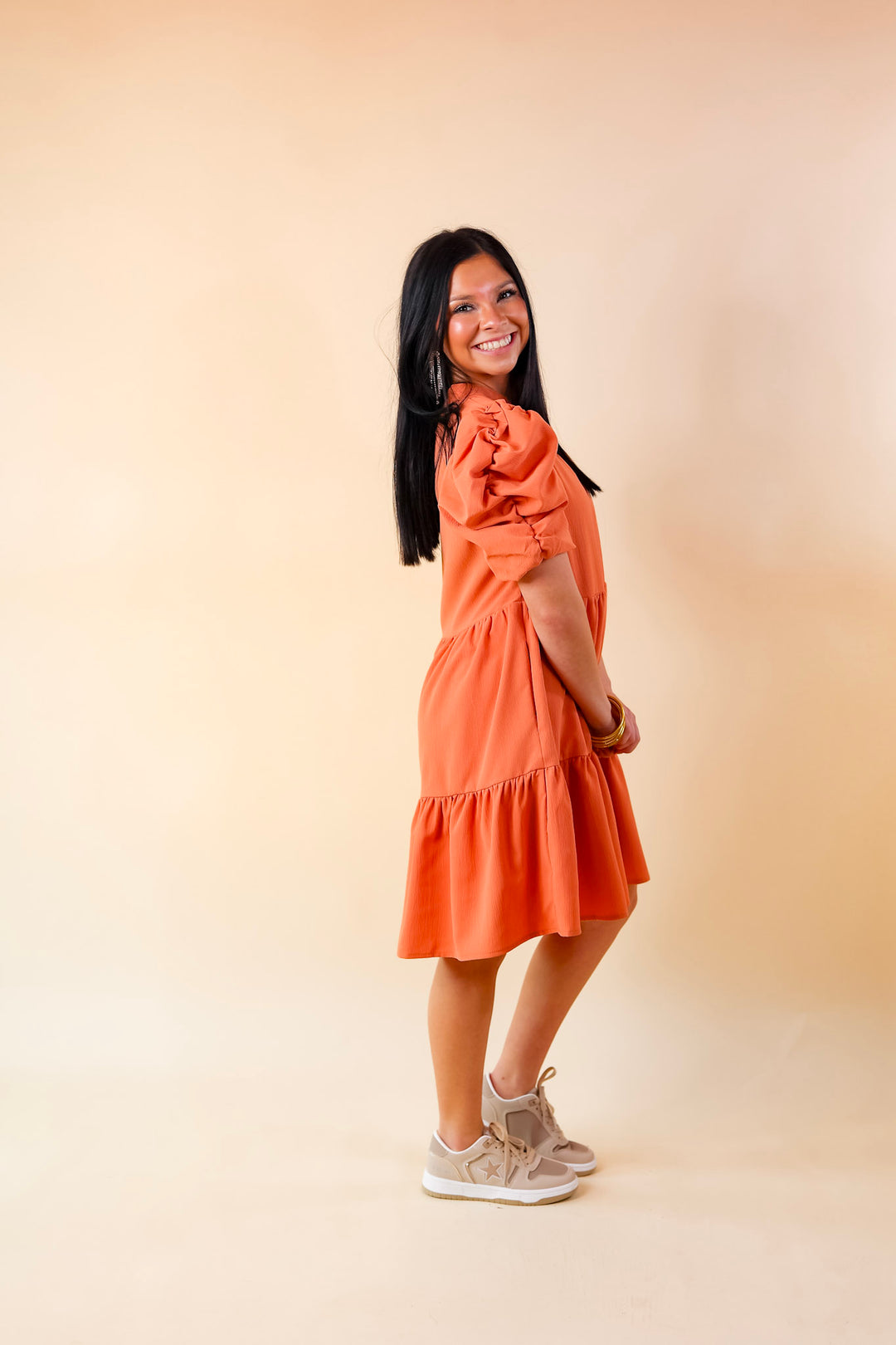 Call Me Chic Balloon Sleeve Short Dress in Salmon Orange - Giddy Up Glamour Boutique