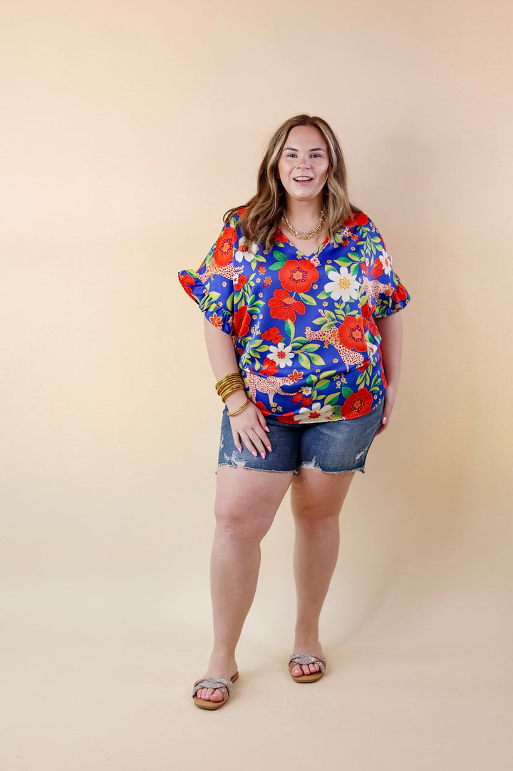 Best Version Floral and Cheetah Print V Neck Top with Ruffle Short Sleeves in Blue - Giddy Up Glamour Boutique