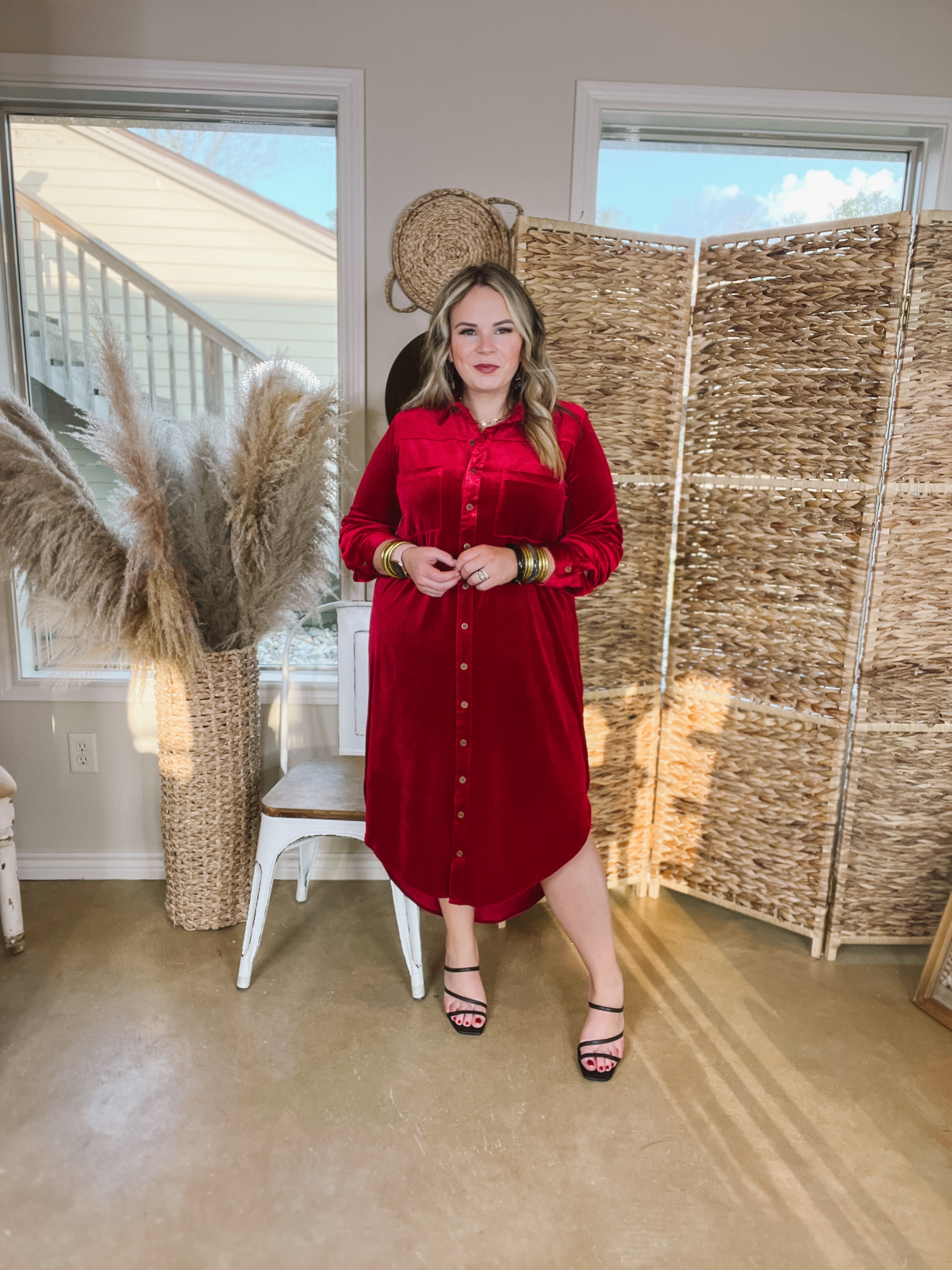 Plus Sizes | London Fog Velvet Button Up Midi Dress with Long Sleeves in Red