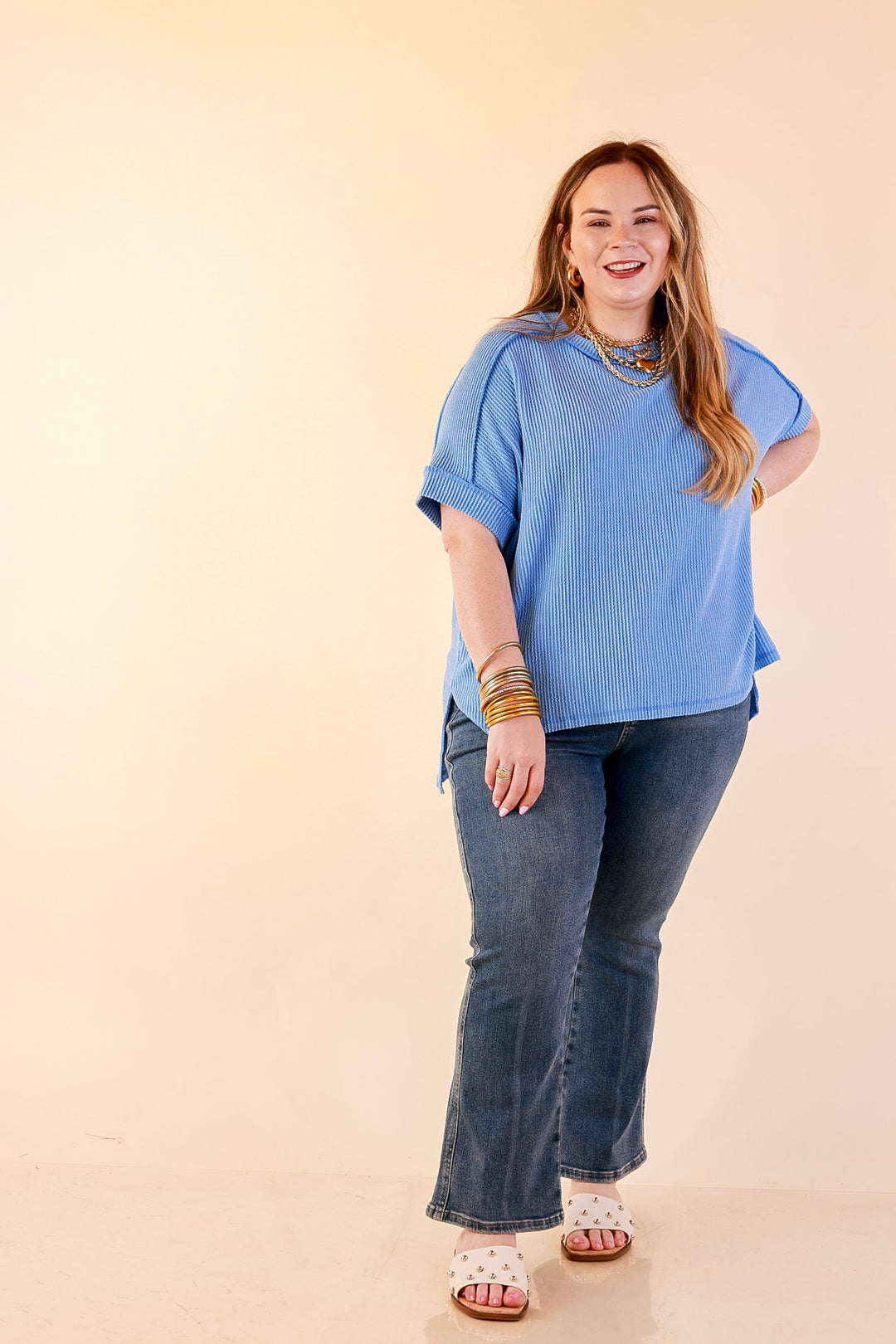 Daily Perfection Scoop Neck Short Sleeve Ribbed Top in Sky Blue