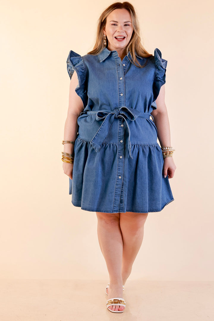 Ruffled up Ruffle Sleeve Button Front Denim Dress with Collar and Peplum Hem in Medium Wash