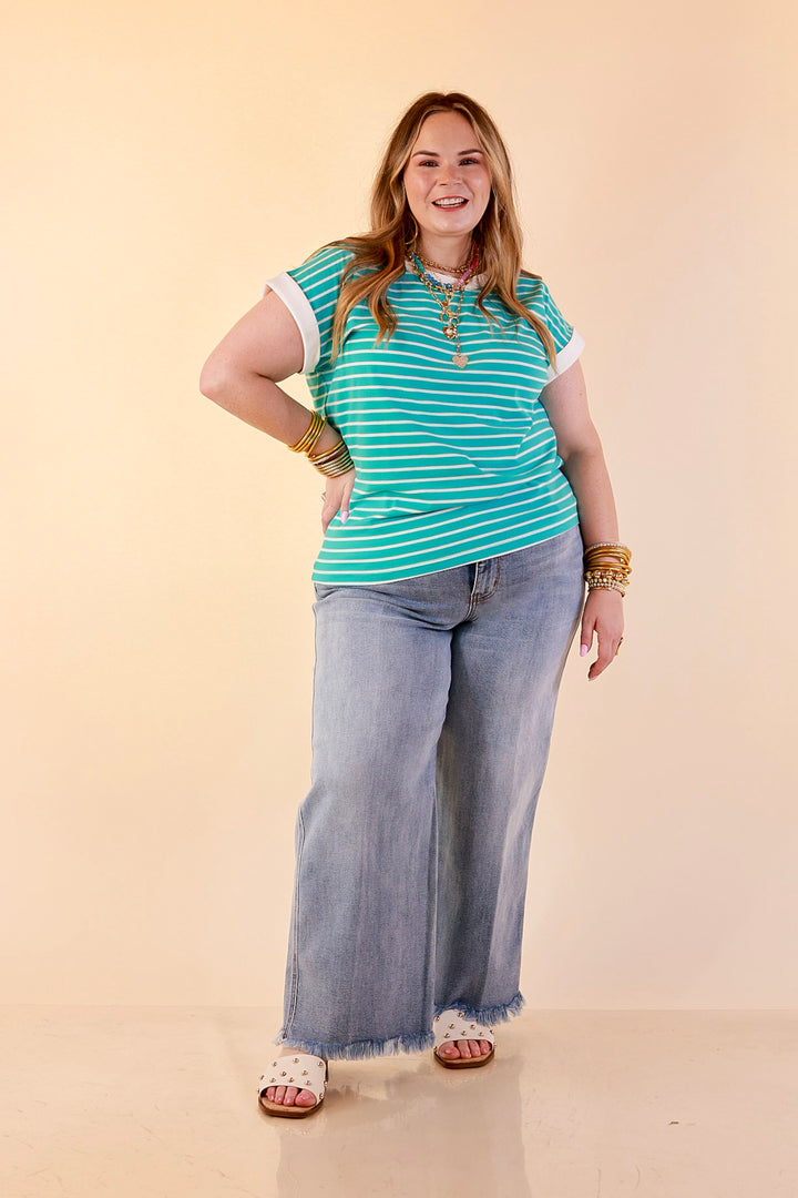 Right on Repeat Scoop Neck Cap Sleeve with Contrast Trim Striped Tee Top in Turquoise Blue