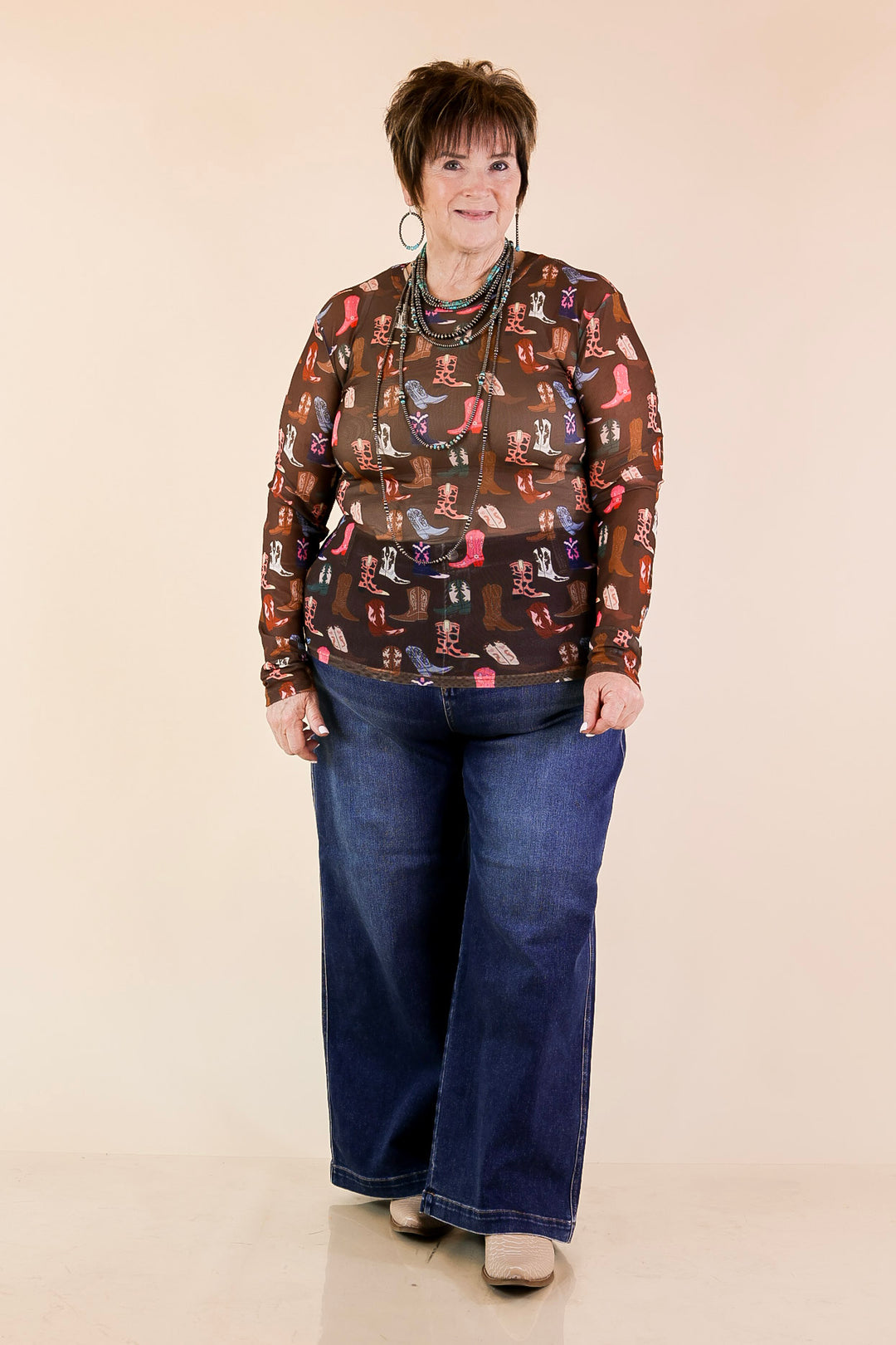 The Perfect Layer Western Boot Print Mesh Long Sleeve Top in Brown