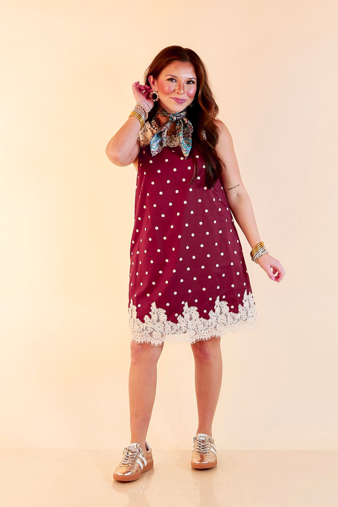Lovely Little Details Polka Dot Lace Trim Sleeveless Shift Dress in Maroon and Ivory