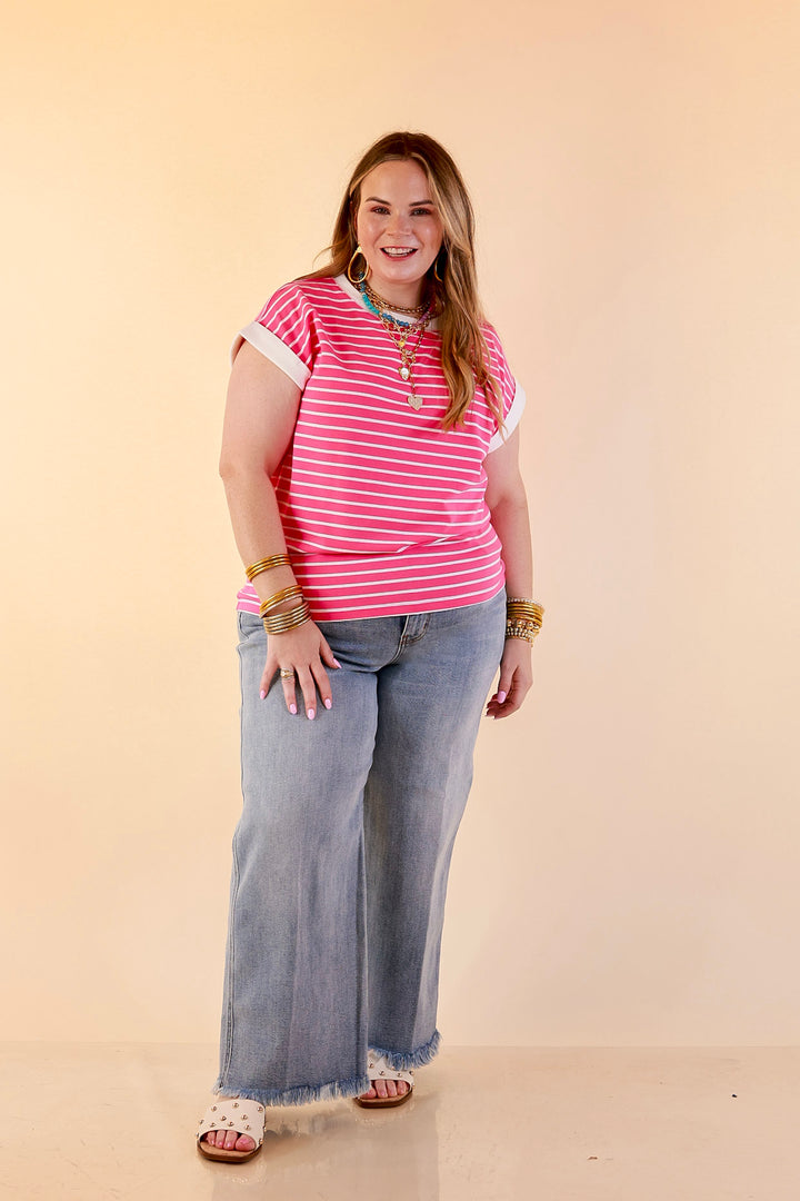 Right on Repeat Scoop Neck Cap Sleeve with Contrast Trim Striped Tee Top in Fuchsia Pink