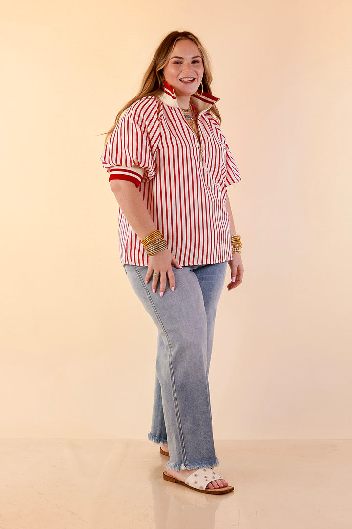 Bold Instincts Striped Print Half Zip Top with Puff Sleeves in Red and Ivory