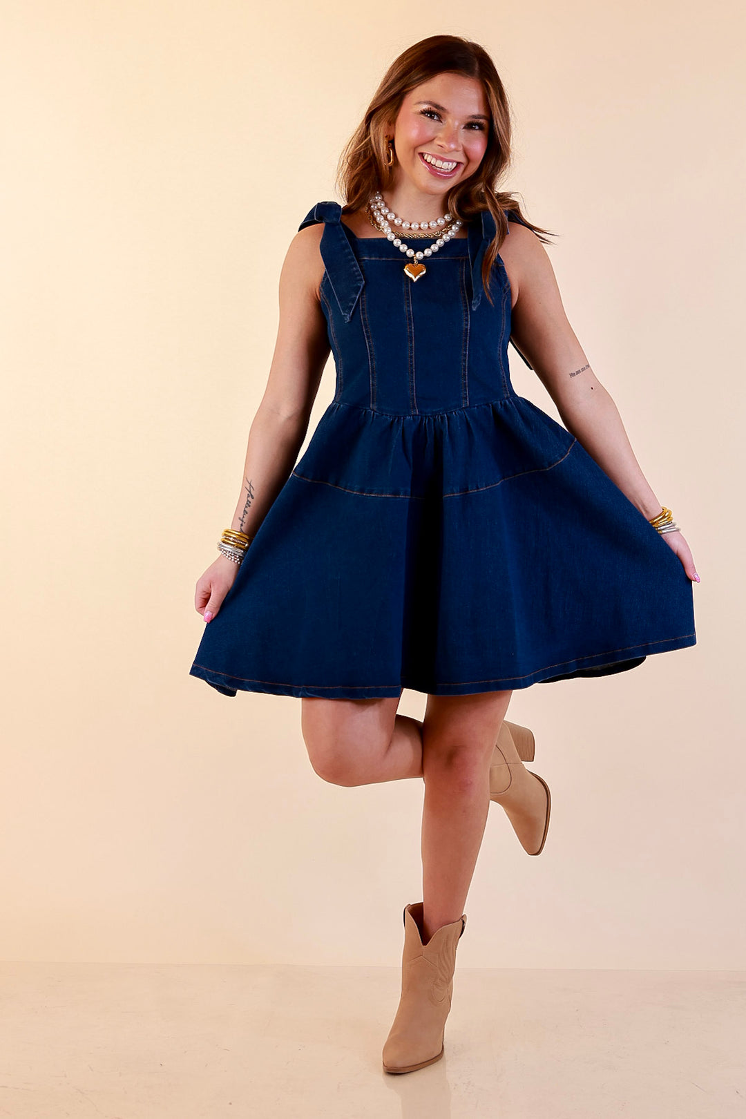 Denim Daydream Tie Shoulder Square Neck Tiered Corset Denim Mini Dress in Dark Wash