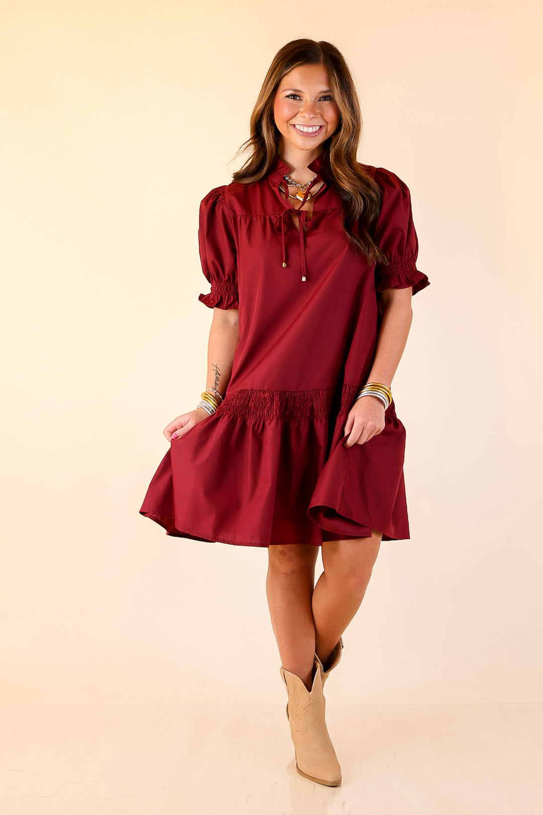 Sugar and Chic Peplum Solid Dress with Puff Sleeves in Maroon