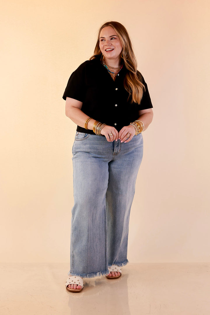 Casual Composure Button Front Short Sleeve Linen Top in Black