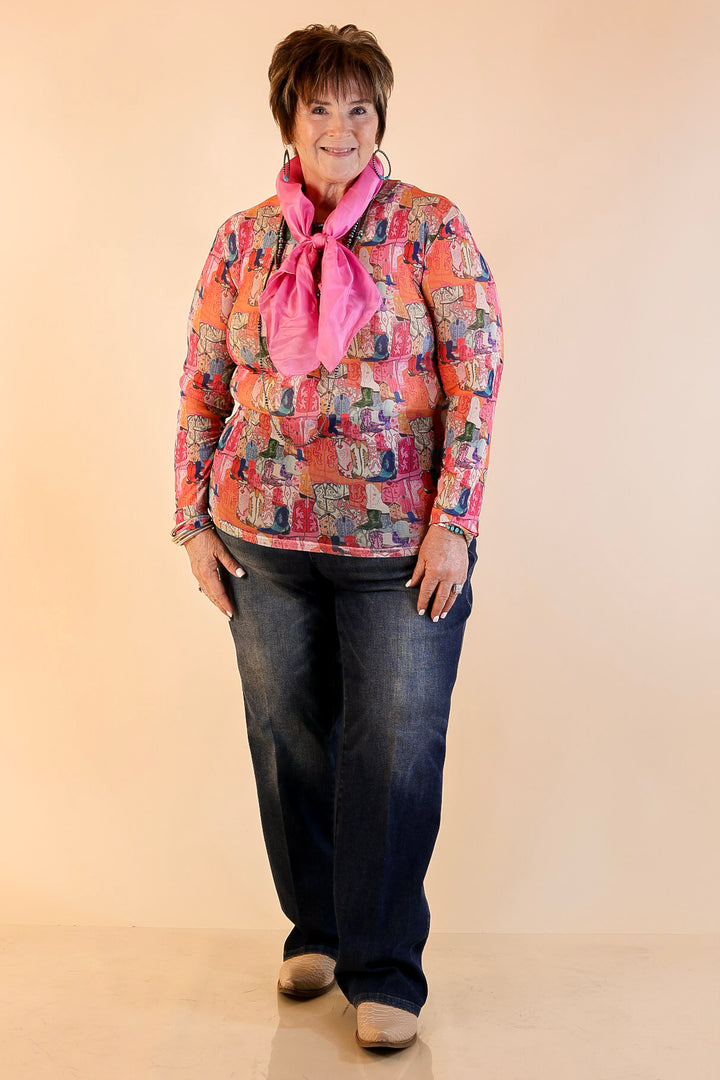 The Perfect Layer Western Boot Print Mesh Long Sleeve Top in Pink Multicolor