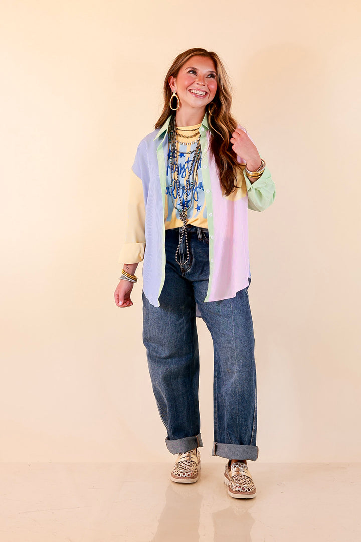 GUG Original | Sweet Harmony Long Sleeve Button Down Color Block Pinstripe Shirt in Bright Mix