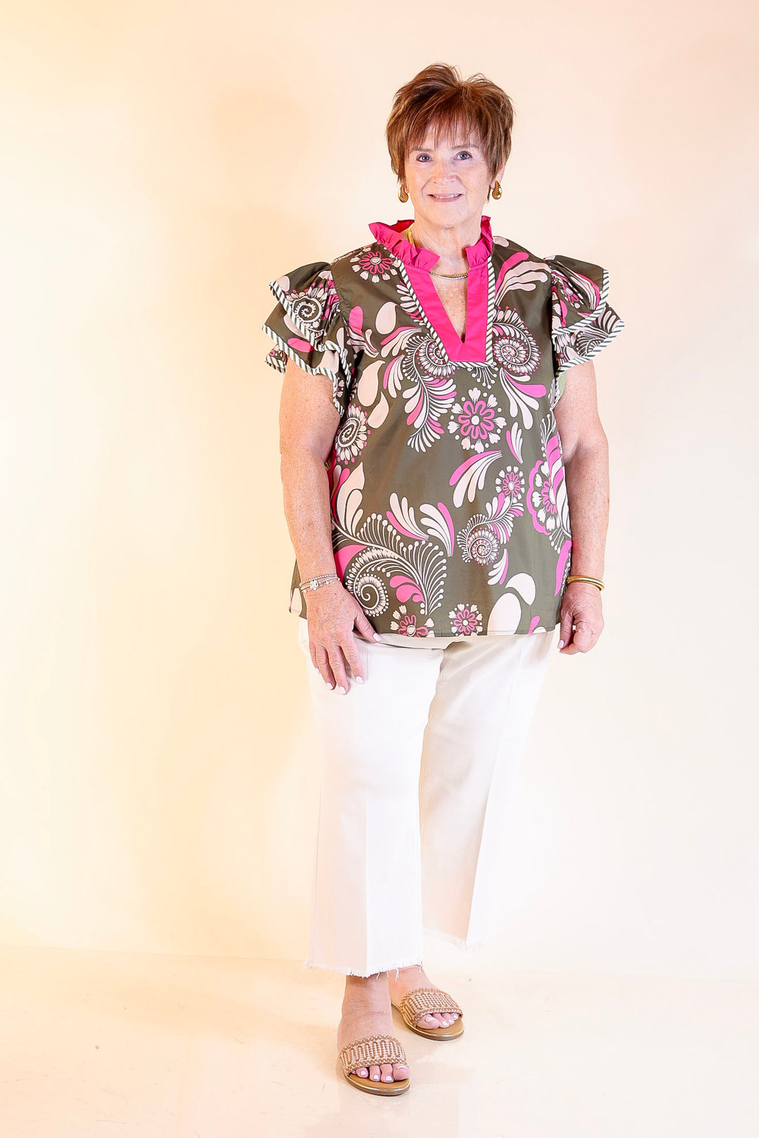 First Impressions V Neck Paisley Top with Ruffle Cap Sleeves and Stripe Detailing in Olive Green