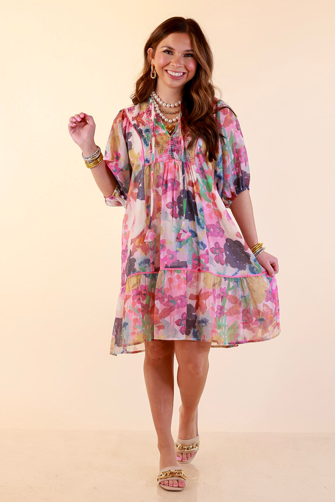 Painted Pretty Floral Print Smocked Yoke Dress with Tie Neckline and Puff Sleeves in Pink Mix