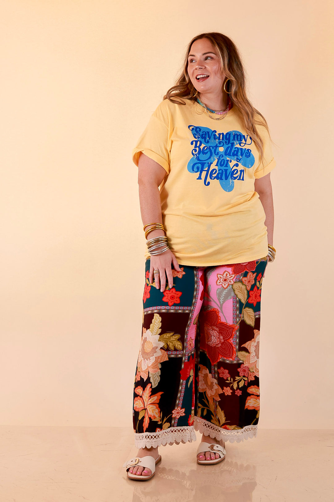 Good Things Coming "Saving My Best Days for Heaven" Flower Print Short Sleeve Graphic Tee in Butter Yellow